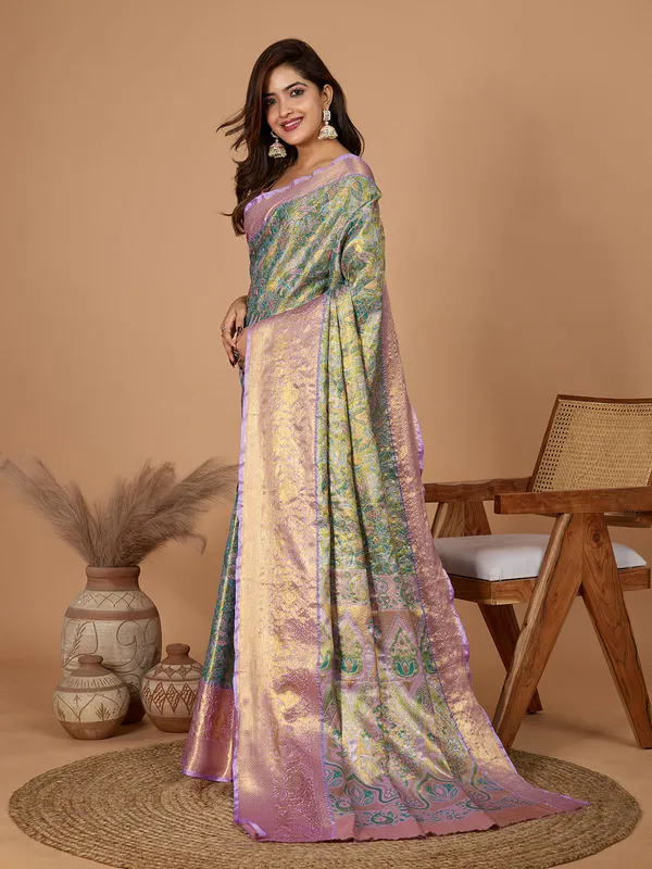 Green_Gold_Premium_Semi_Silk_With_Blouse_Piece_For_Women_&_Girls