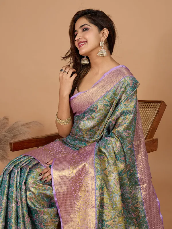 Green_Gold_Premium_Semi_Silk_With_Blouse_Piece_For_Women_&_Girls