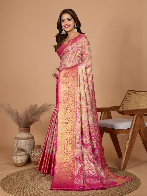 Pink_Red_Premium_Semi_Silk_With_Blouse_Piece_For_Women_&_Girls