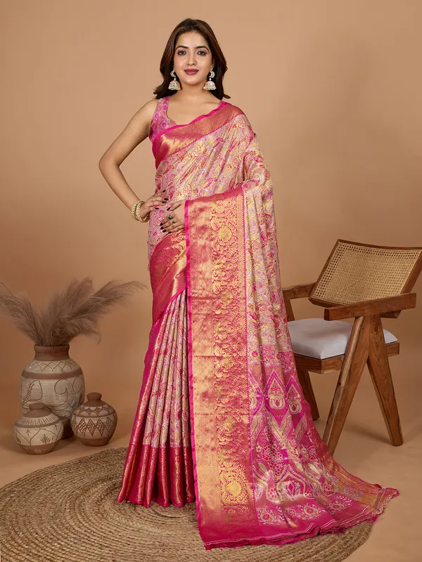 Pink_Red_Premium_Semi_Silk_With_Blouse_Piece_For_Women_&_Girls