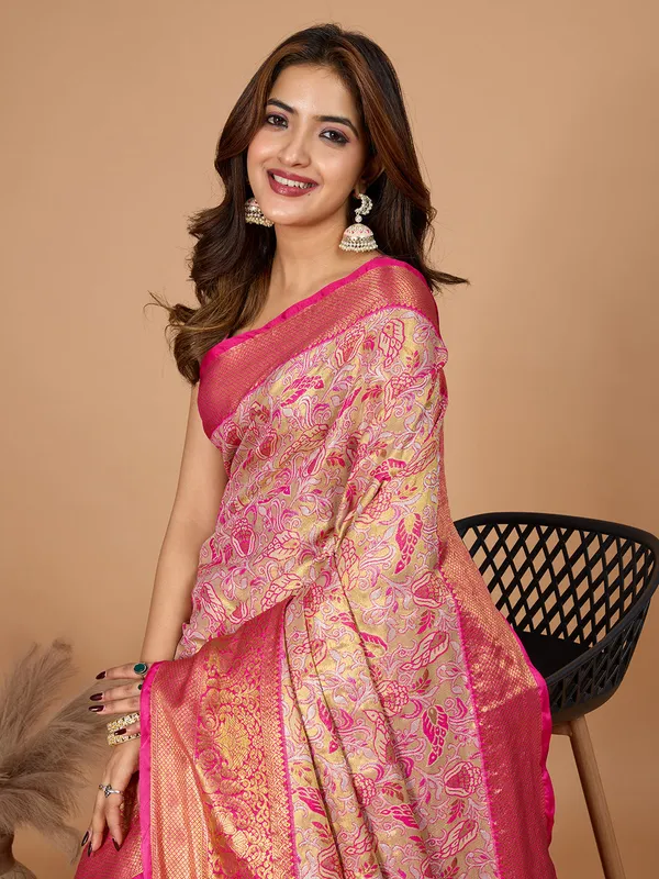 Pink_Red_Premium_Semi_Silk_With_Blouse_Piece_For_Women_&_Girls