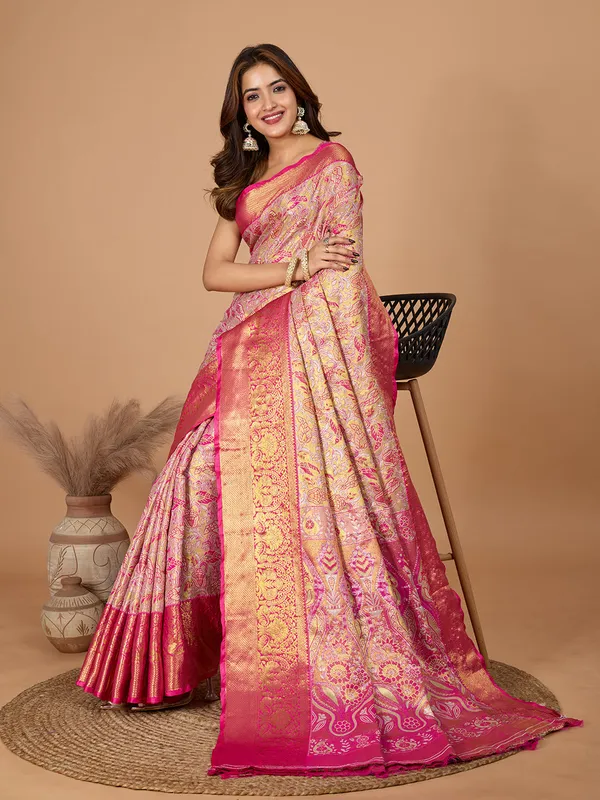 Pink_Red_Premium_Semi_Silk_With_Blouse_Piece_For_Women_&_Girls