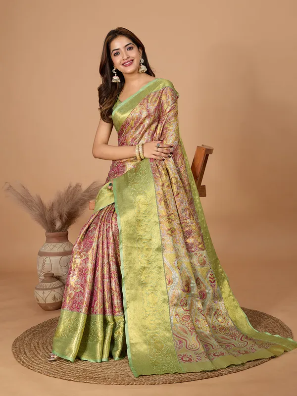 Brown_And_Green_Premium_Semi_Silk_With_Blouse_Piece_For_Women_&_Girls