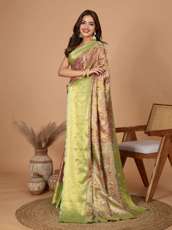 Brown_And_Green_Premium_Semi_Silk_With_Blouse_Piece_For_Women_&_Girls