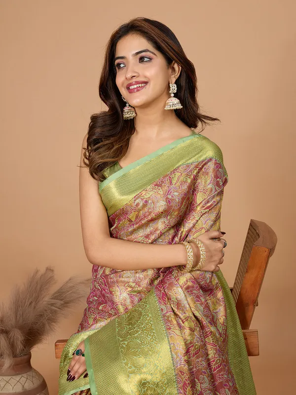 Brown_And_Green_Premium_Semi_Silk_With_Blouse_Piece_For_Women_&_Girls