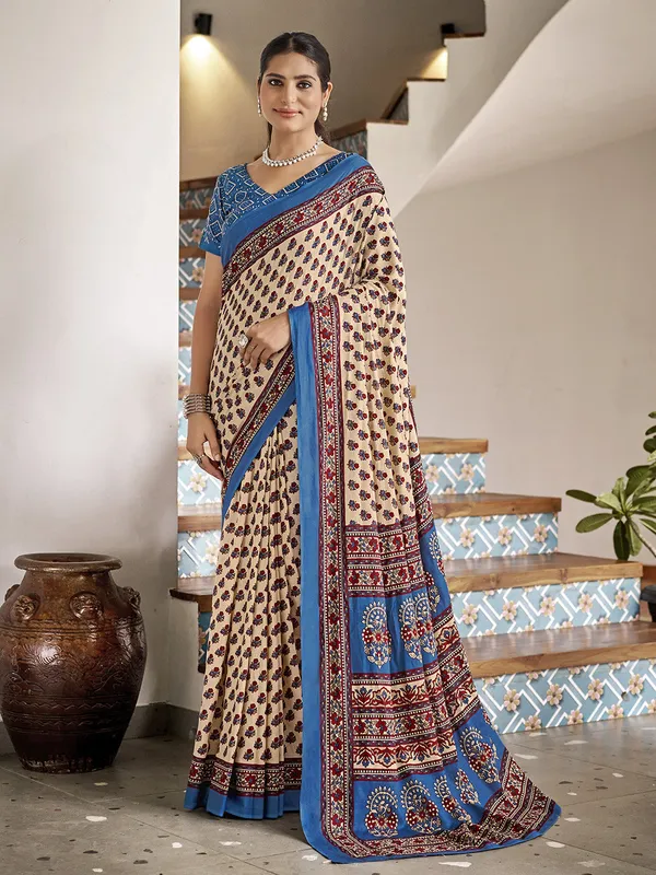 Cream_Premium_Georgette_Saree_With_Blouse_Piece_For_Women_&_Girls