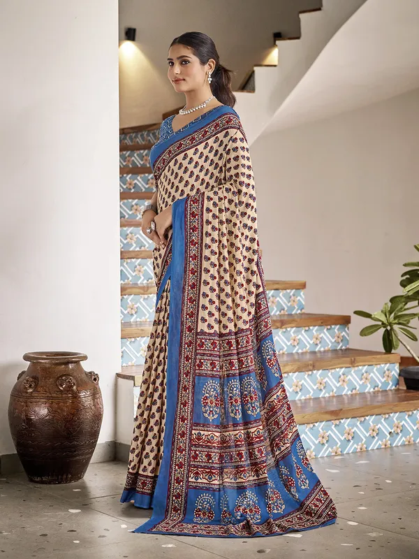 Cream_Premium_Georgette_Saree_With_Blouse_Piece_For_Women_&_Girls
