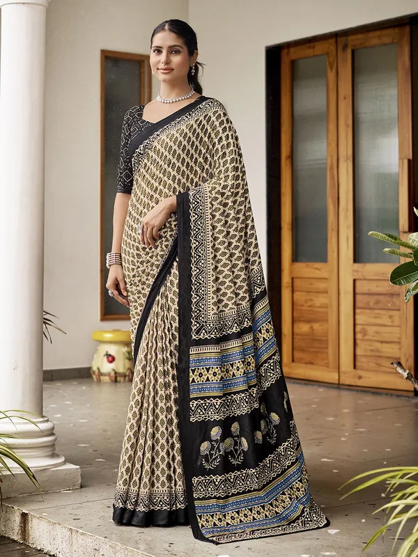 Cream_And_Black_Premium_Georgette_Saree_With_Blouse_Piece_For_Women_&_Girls