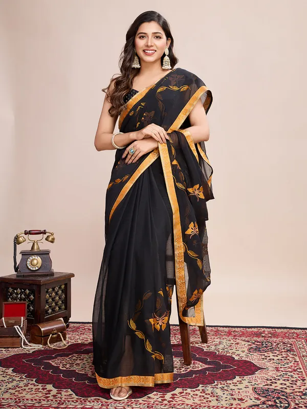 Black_Premium_Georgette_Soft_Silk_With_Blouse_Piece_For_Women_&_Girls
