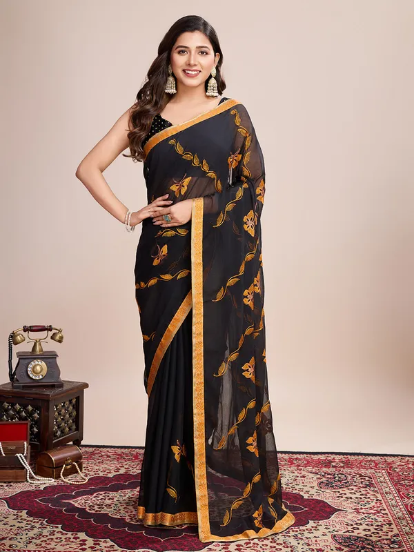 Black_Premium_Georgette_Soft_Silk_With_Blouse_Piece_For_Women_&_Girls