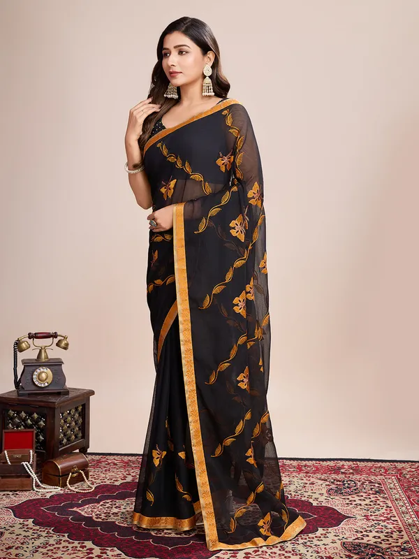 Black_Premium_Georgette_Soft_Silk_With_Blouse_Piece_For_Women_&_Girls