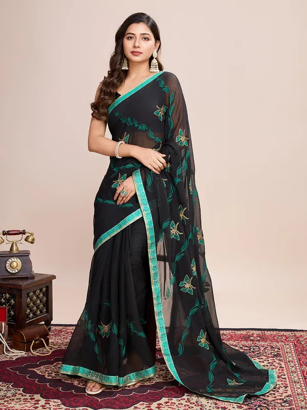Black_Premium_Georgette_Soft_Silk_With_Blouse_Piece_For_Women_&_Girls