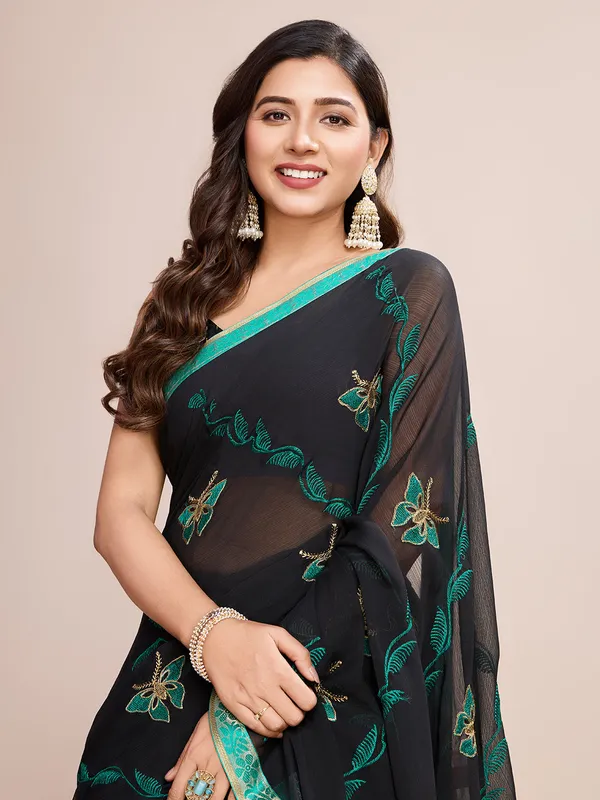 Black_Premium_Georgette_Soft_Silk_With_Blouse_Piece_For_Women_&_Girls