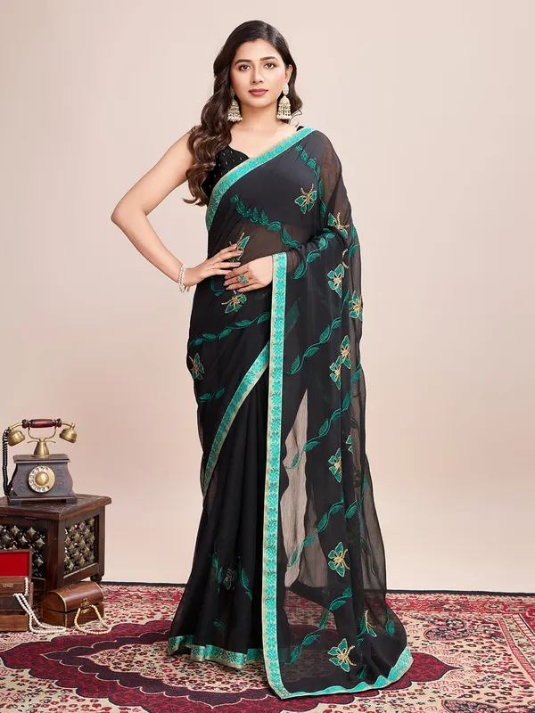 Black_Premium_Georgette_Soft_Silk_With_Blouse_Piece_For_Women_&_Girls