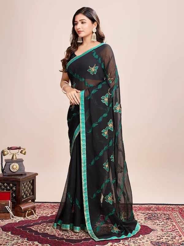 Black_Premium_Georgette_Soft_Silk_With_Blouse_Piece_For_Women_&_Girls