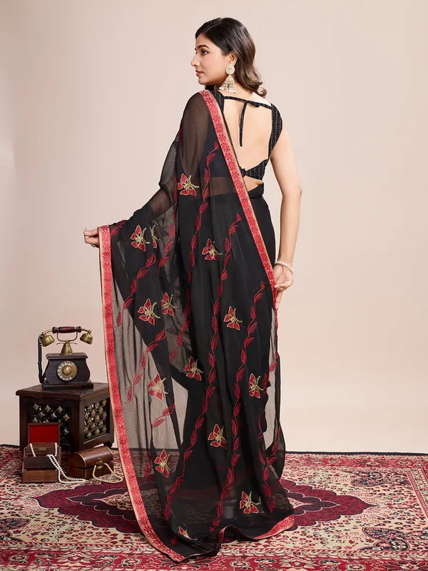 Black_Premium_Georgette_Soft_Silk_With_Blouse_Piece_For_Women_&_Girls
