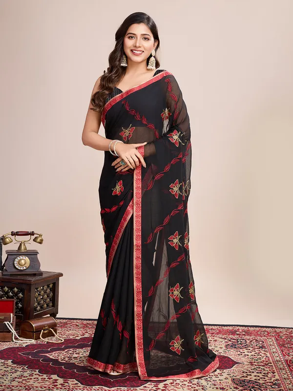 Black_Premium_Georgette_Soft_Silk_With_Blouse_Piece_For_Women_&_Girls