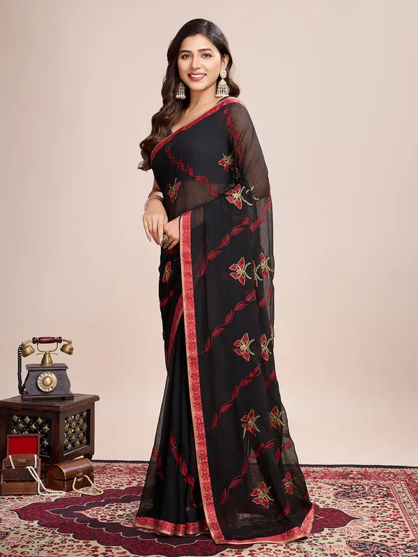 Black_Premium_Georgette_Soft_Silk_With_Blouse_Piece_For_Women_&_Girls