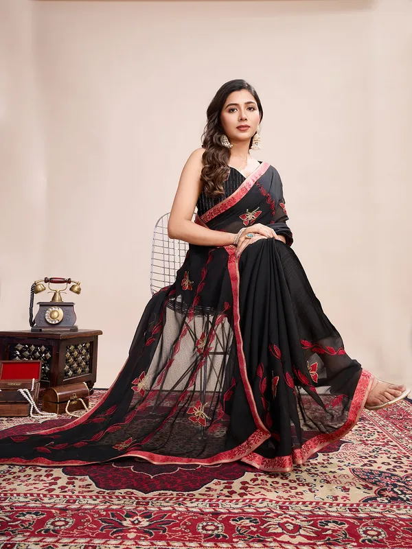 Black_Premium_Georgette_Soft_Silk_With_Blouse_Piece_For_Women_&_Girls