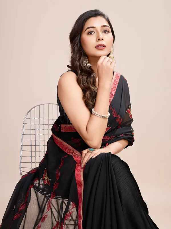 Black_Premium_Georgette_Soft_Silk_With_Blouse_Piece_For_Women_&_Girls