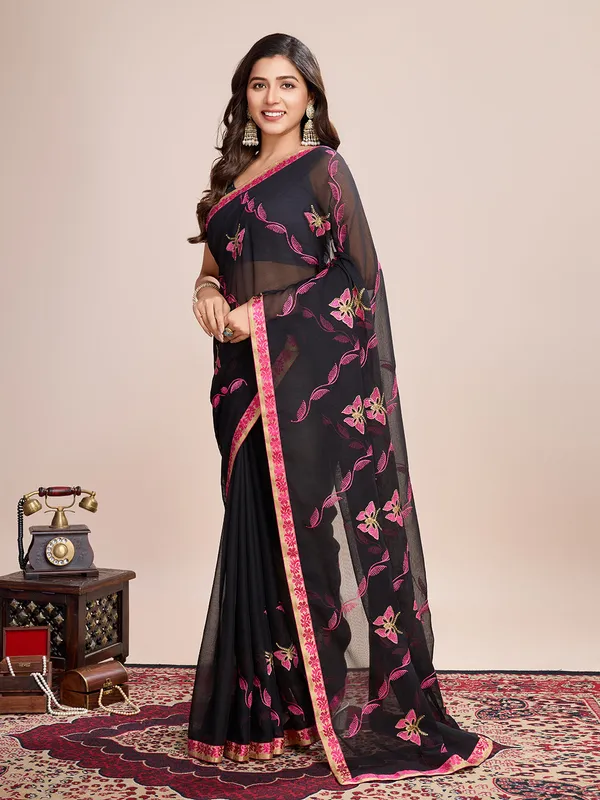 Black_Premium_Georgette_Soft_Silk_With_Blouse_Piece_For_Women_&_Girls