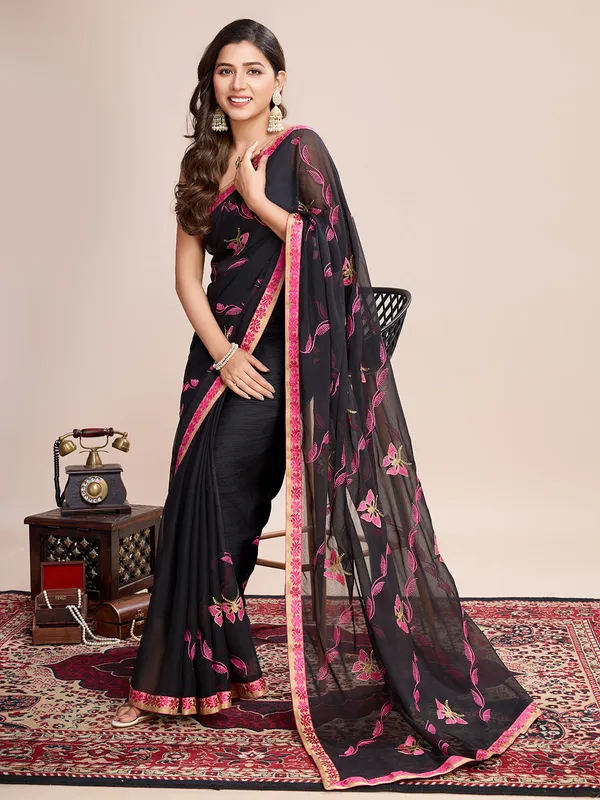 Black_Premium_Georgette_Soft_Silk_With_Blouse_Piece_For_Women_&_Girls