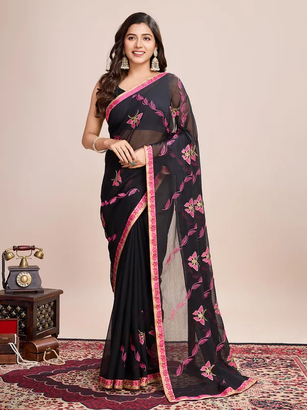 Black_Premium_Georgette_Soft_Silk_With_Blouse_Piece_For_Women_&_Girls