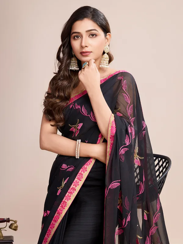 Black_Premium_Georgette_Soft_Silk_With_Blouse_Piece_For_Women_&_Girls