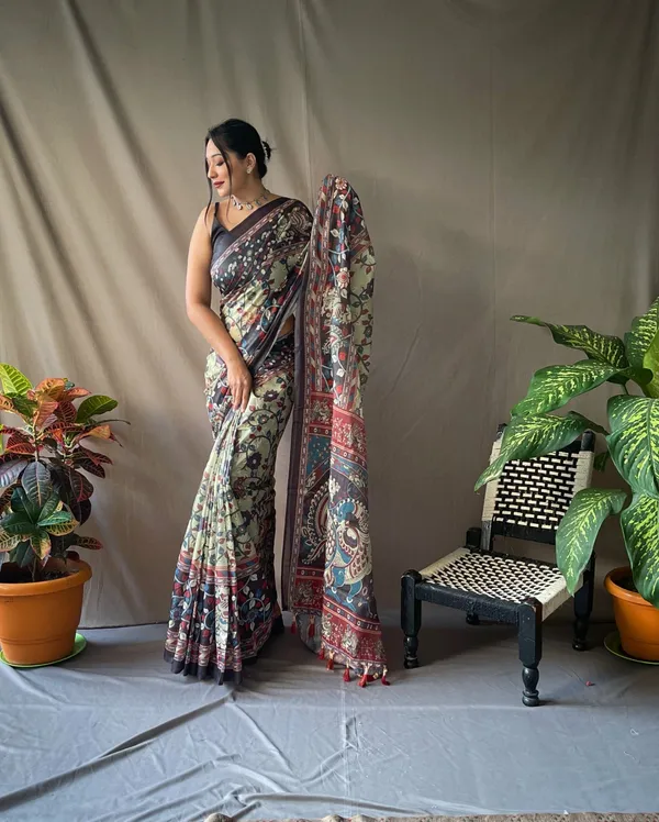 Light_Green_Premium_Kalamkari_Saree_With_Blouse_Piece_For_Women_&_Girls