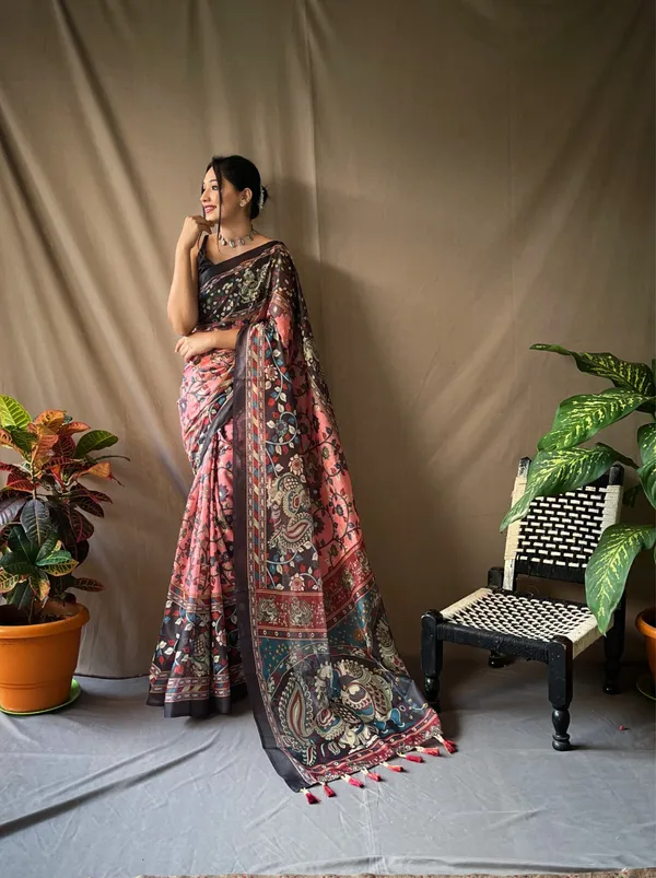 Pink_Premium_Kalamkari_Saree_With_Blouse_Piece_For_Women_&_Girls