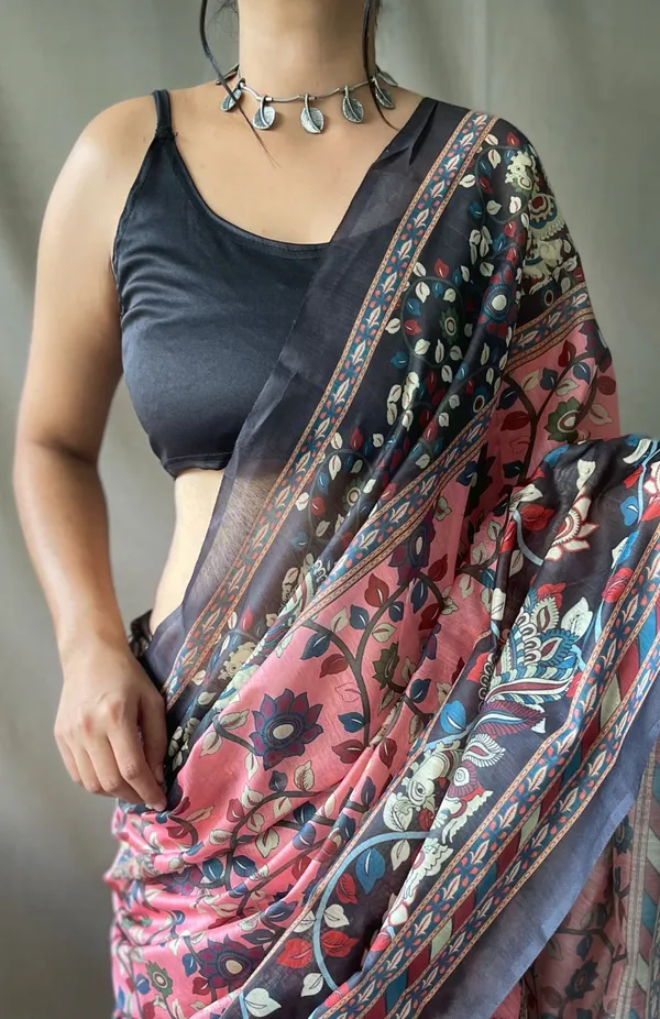 Pink_Premium_Kalamkari_Saree_With_Blouse_Piece_For_Women_&_Girls