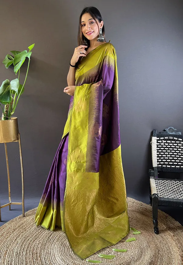 Parrot_Green_Saree_With_Purple_Premium_Soft_Silk_With_Blouse_Piece_For_Women_&_Girls