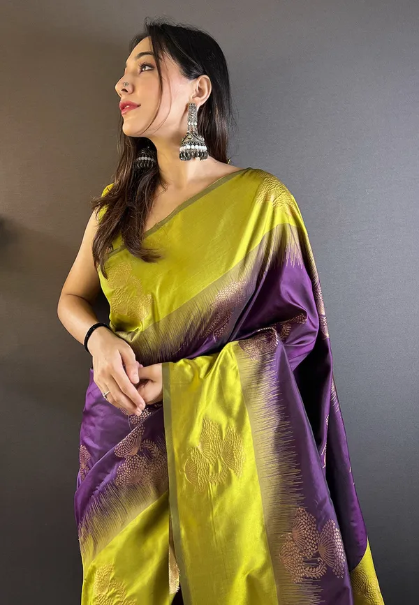 Parrot_Green_Saree_With_Purple_Premium_Soft_Silk_With_Blouse_Piece_For_Women_&_Girls