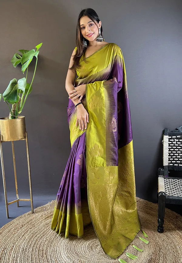 Parrot_Green_Saree_With_Purple_Premium_Soft_Silk_With_Blouse_Piece_For_Women_&_Girls