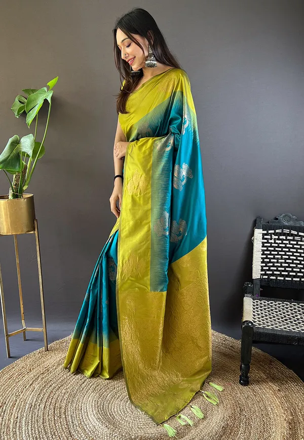 Blue_Saree_With_Green_Premium_Soft_Silk_With_Blouse_Piece_For_Women_&_Girls