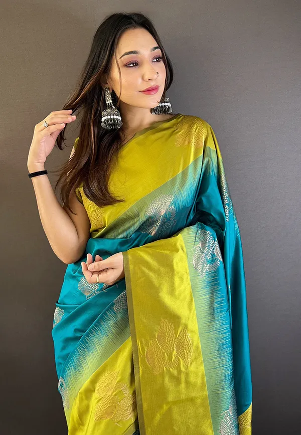 Blue_Saree_With_Green_Premium_Soft_Silk_With_Blouse_Piece_For_Women_&_Girls