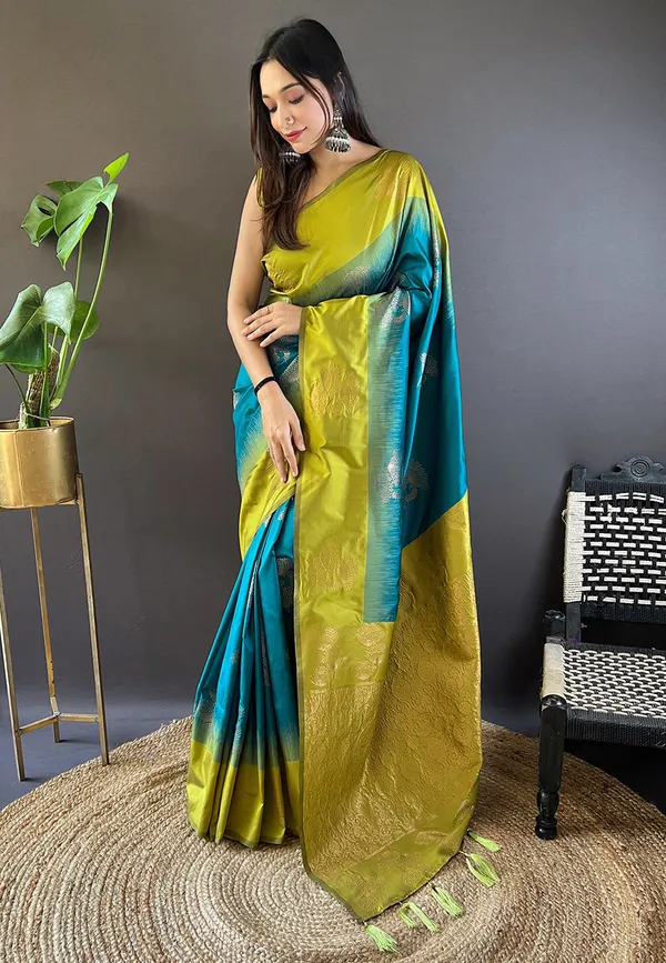 Blue_Saree_With_Green_Premium_Soft_Silk_With_Blouse_Piece_For_Women_&_Girls