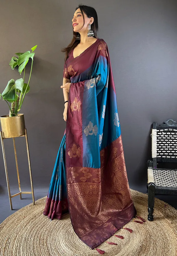 Maroon_&_Blue_Premium_Soft_Silk_With_Blouse_Piece_For_Women_&_Girls