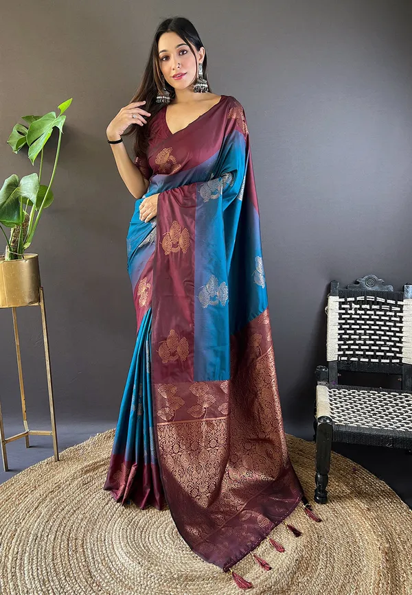 Maroon_&_Blue_Premium_Soft_Silk_With_Blouse_Piece_For_Women_&_Girls