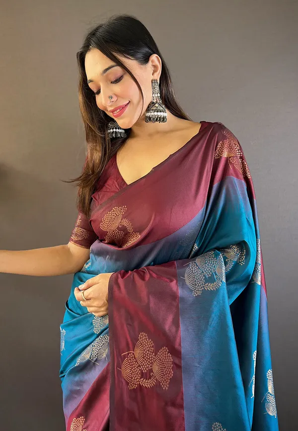 Maroon_&_Blue_Premium_Soft_Silk_With_Blouse_Piece_For_Women_&_Girls