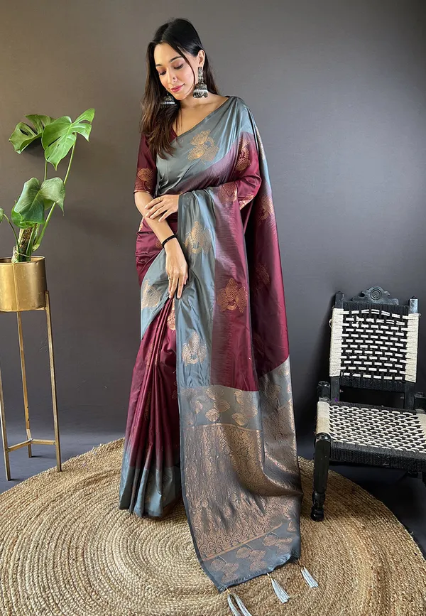 Grey_&_Maroon_Premium_Soft_Silk_With_Blouse_Piece_For_Women_&_Girls