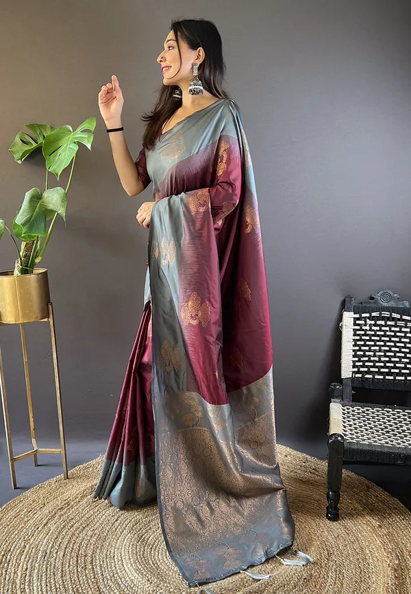 Grey_&_Maroon_Premium_Soft_Silk_With_Blouse_Piece_For_Women_&_Girls