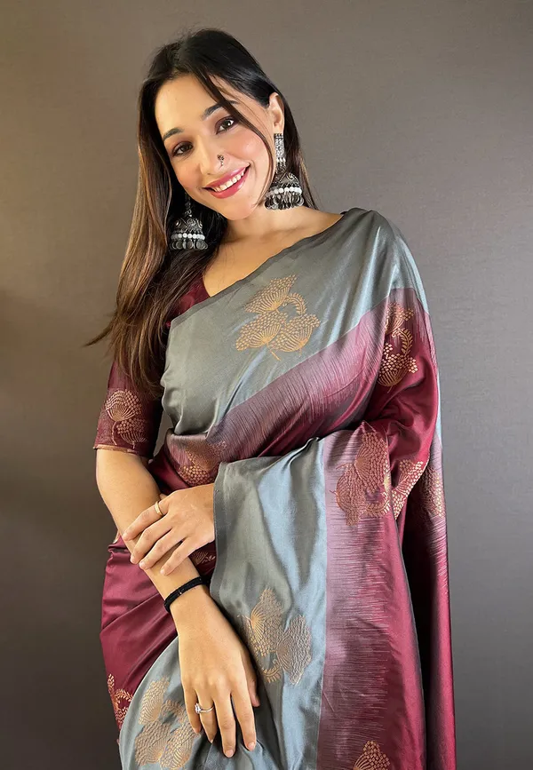 Grey_&_Maroon_Premium_Soft_Silk_With_Blouse_Piece_For_Women_&_Girls