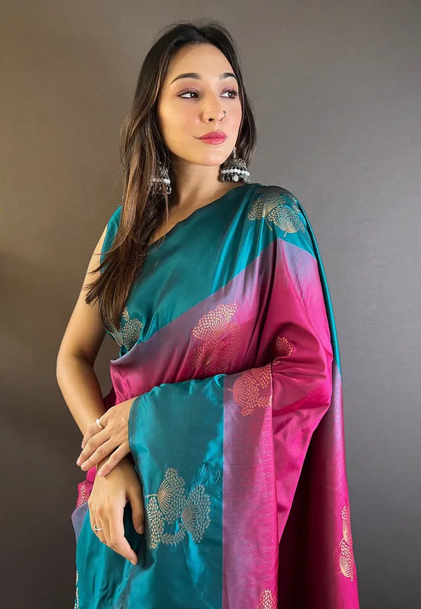 Pink_&_Blue_Premium_Soft_Silk_With_Blouse_Piece_For_Women_&_Girls