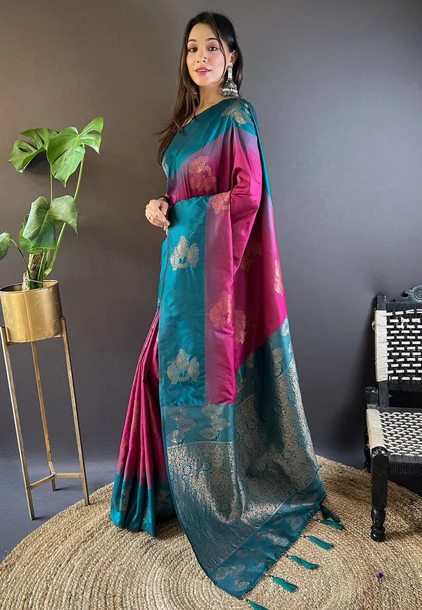 Pink_&_Blue_Premium_Soft_Silk_With_Blouse_Piece_For_Women_&_Girls