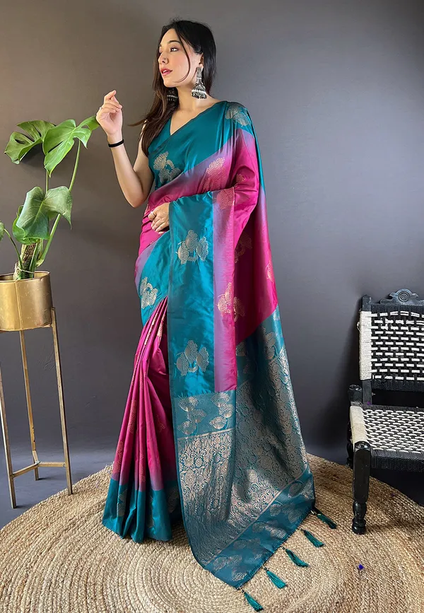 Pink_&_Blue_Premium_Soft_Silk_With_Blouse_Piece_For_Women_&_Girls