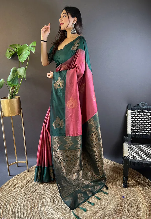 Mehandi_&_Maroon_Premium_Soft_Silk_With_Blouse_Piece_For_Women_&_Girls