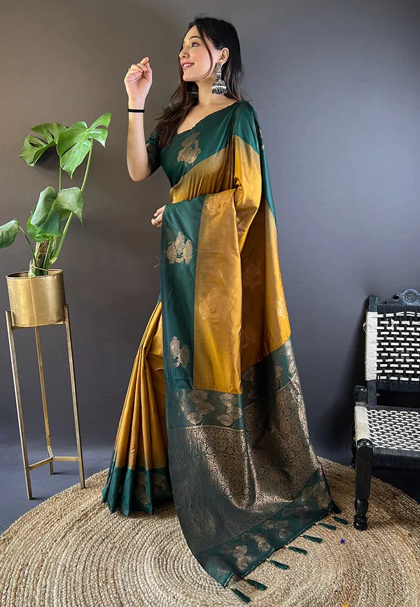 Mehandi_&_Yellow_Premium_Soft_Silk_With_Blouse_Piece_For_Women_&_Girls