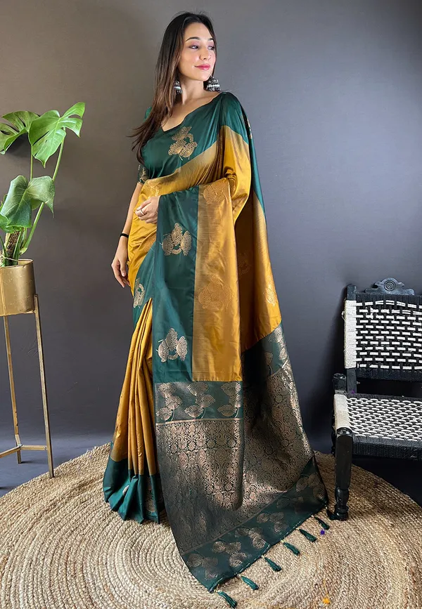 Mehandi_&_Yellow_Premium_Soft_Silk_With_Blouse_Piece_For_Women_&_Girls
