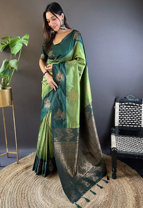 Mehandi_Green_Premium_Soft_Silk_With_Blouse_Piece_For_Women_&_Girls